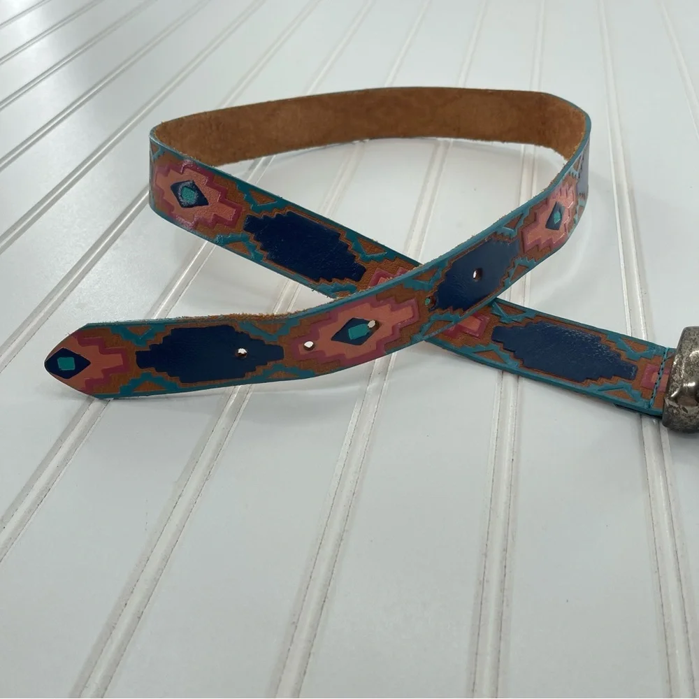 80's Vintage Western MILOR Aztec Hand Painted Genuine Leather Tooled Belt M/L